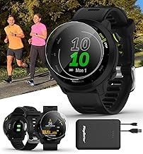 PlayBetter Garmin Forerunner 55 (Black) GPS Running Watch | Beginner Friendly Heart Rate Monitor Watch with Time, Pace & Speed Tracker | Power Bundle Tempered Glass Protectors & Portable Charger