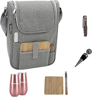 Truvelli Insulated Wine Tote Bag: Portable 2 Bottle Wine and Cheese Waterproof Black Canvas Carrier Picnic Kit - Wine Stopper, Wooden Cheese Board