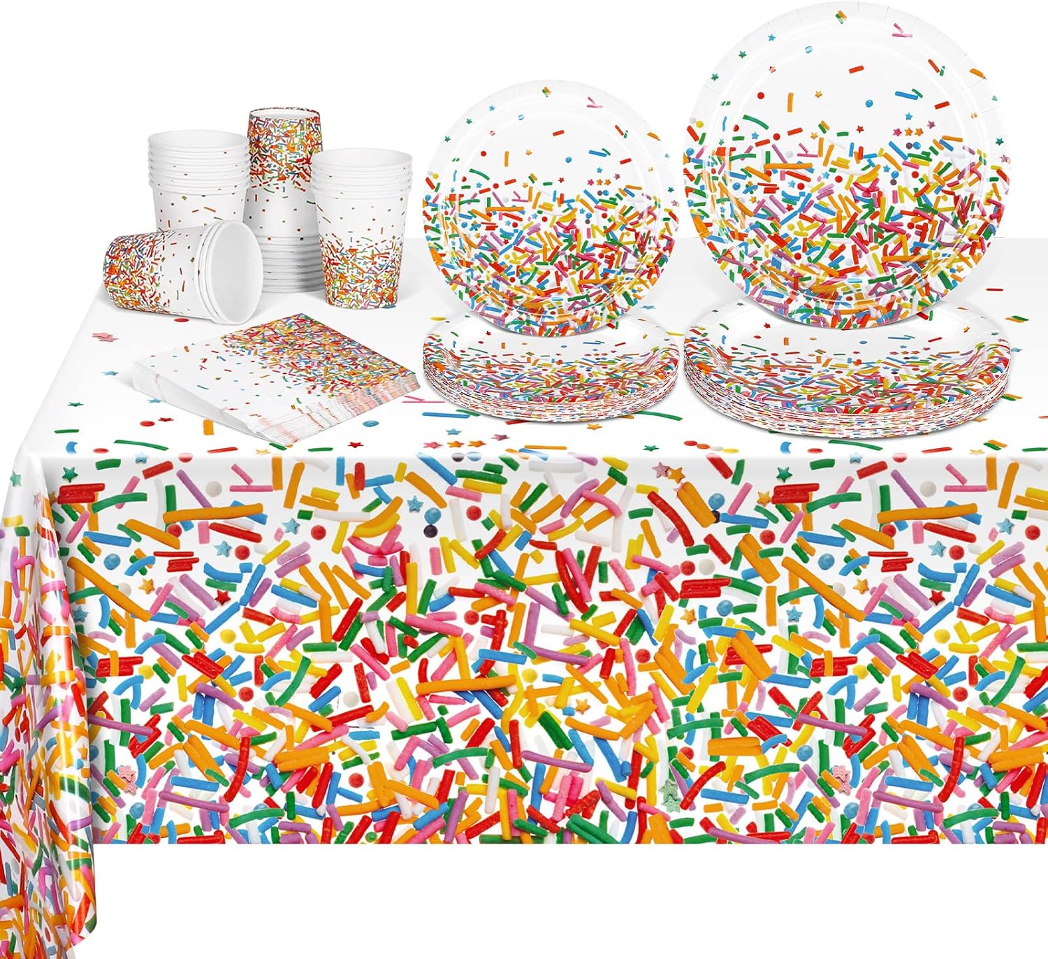 durony 97 Pieces Confetti Sprinkles Tableware Set Disposable Tablecloth Paper Cups Dessert Plates Beverage Napkins for Party Decorations Wedding Birthday Party Favors