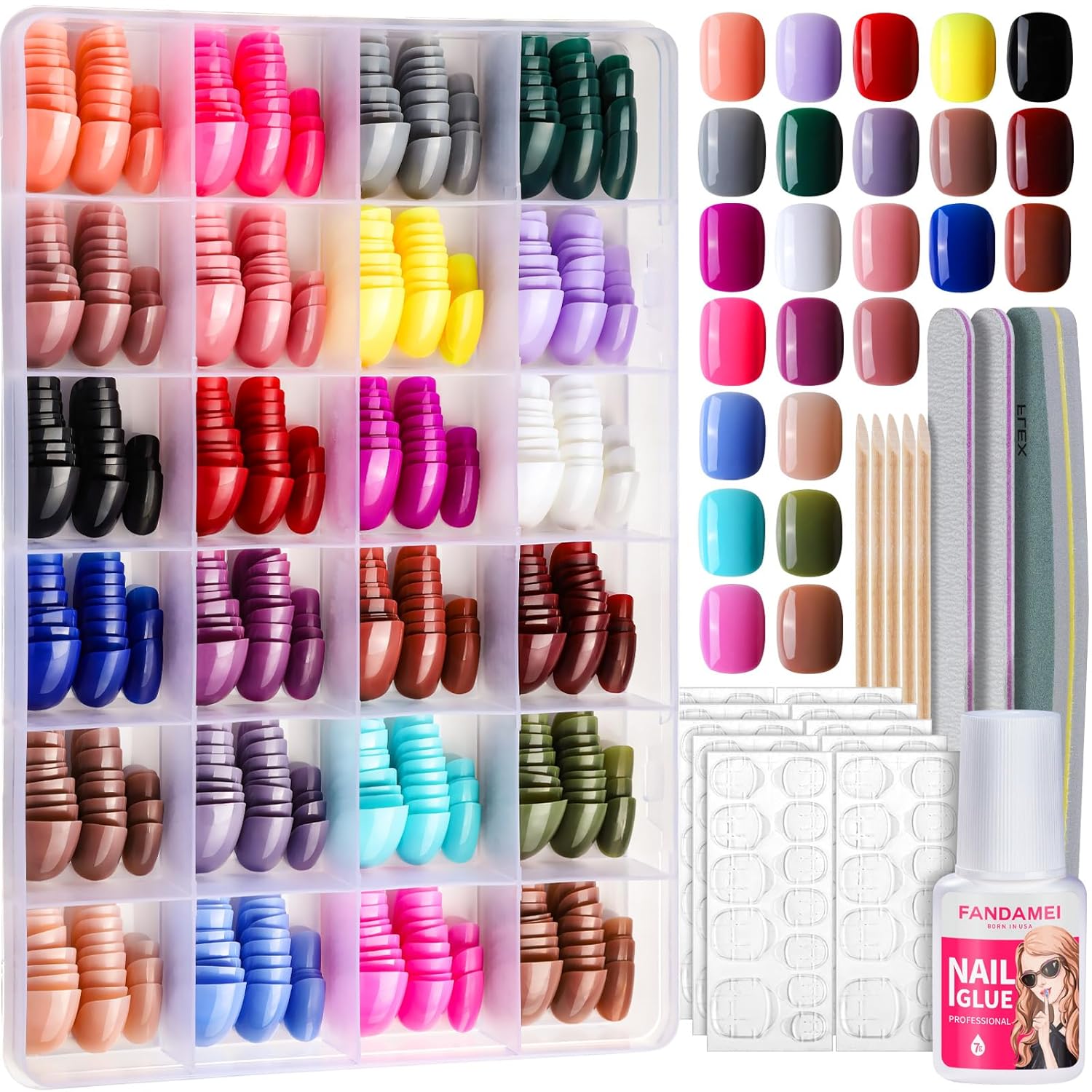 FANDAMEI Press on Nails Short, 24 Packs 576PCS Short Round Press on Nails, 24 Glossy Color Small Fake Nails, Glue on Nails with 7g Nail Glue, 24 Color False Nail for Small Nails and hands
