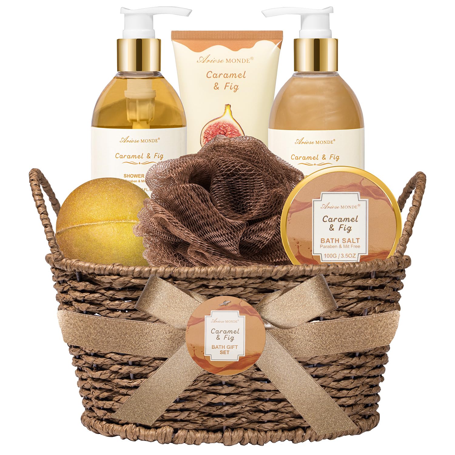 Christmas Gifts for Women Spa Baskets for Women Gift, Warm Caramel & Fig Bath Gift Set with Shower Gel Self Care Pampering Gifts for Mothers Day, Birthday, Anniversary Gift