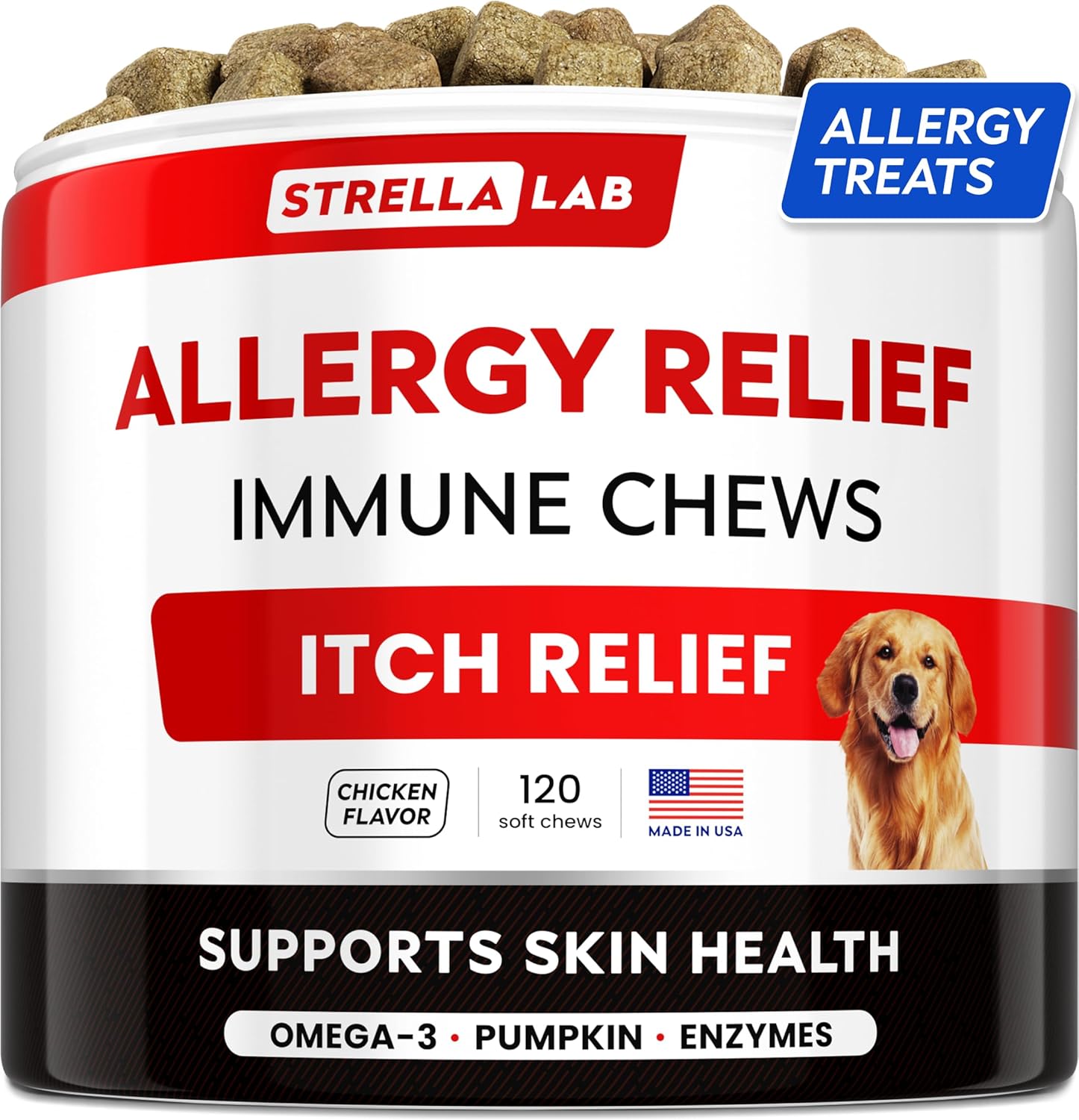 StrellaLab Dog Allergy Relief & Anti Itch Support Chews w/Omega 3: Real Ingredients, Real Taste! Skin & Coat Immune Supplement w/Fish Oil, Pumpkin & Enzymes — Developed by Experts - Made in USA -120Ct