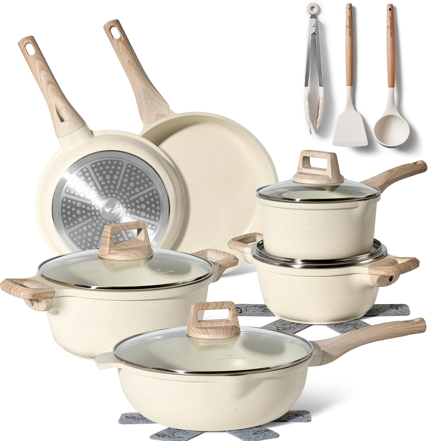 Just Perfecto Set of 15 Pots and Pans, Non-Stick Cookware Set, White Granite Induction Cookware Non-Stick Set with Frying Pans and Saucepans (PFOS, PFOA Free) (Beige)