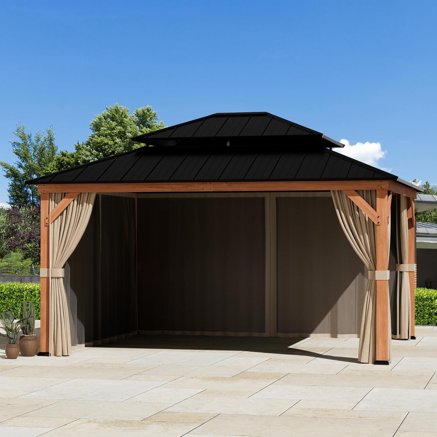 Outdoor Gazebo Privacy Curtains & Mosquito Netting with Zipper for 13' x 15' Cedar Wood Gazebo, Replacement Universal 4-Panel Sidewalls, Replacement for Patio Canopy, Khaki