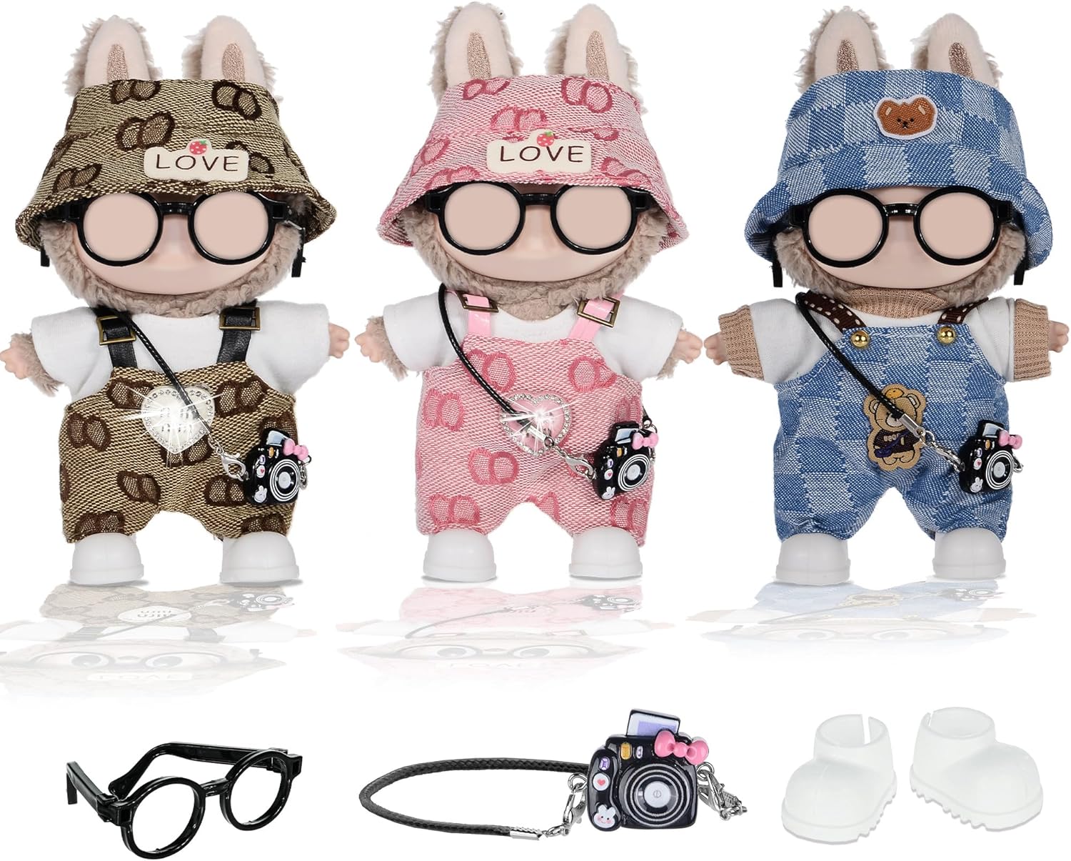 iBayda Total 3 Sets Doll Clothes Accessories for 17cm Dolls Include: 3 Hats, 3 Tops, 3 Rompers, 1 Bag, 1 Glasses and 1 Shoes- Soft & Stylish Costume Accessories (Doll Not Icluded)