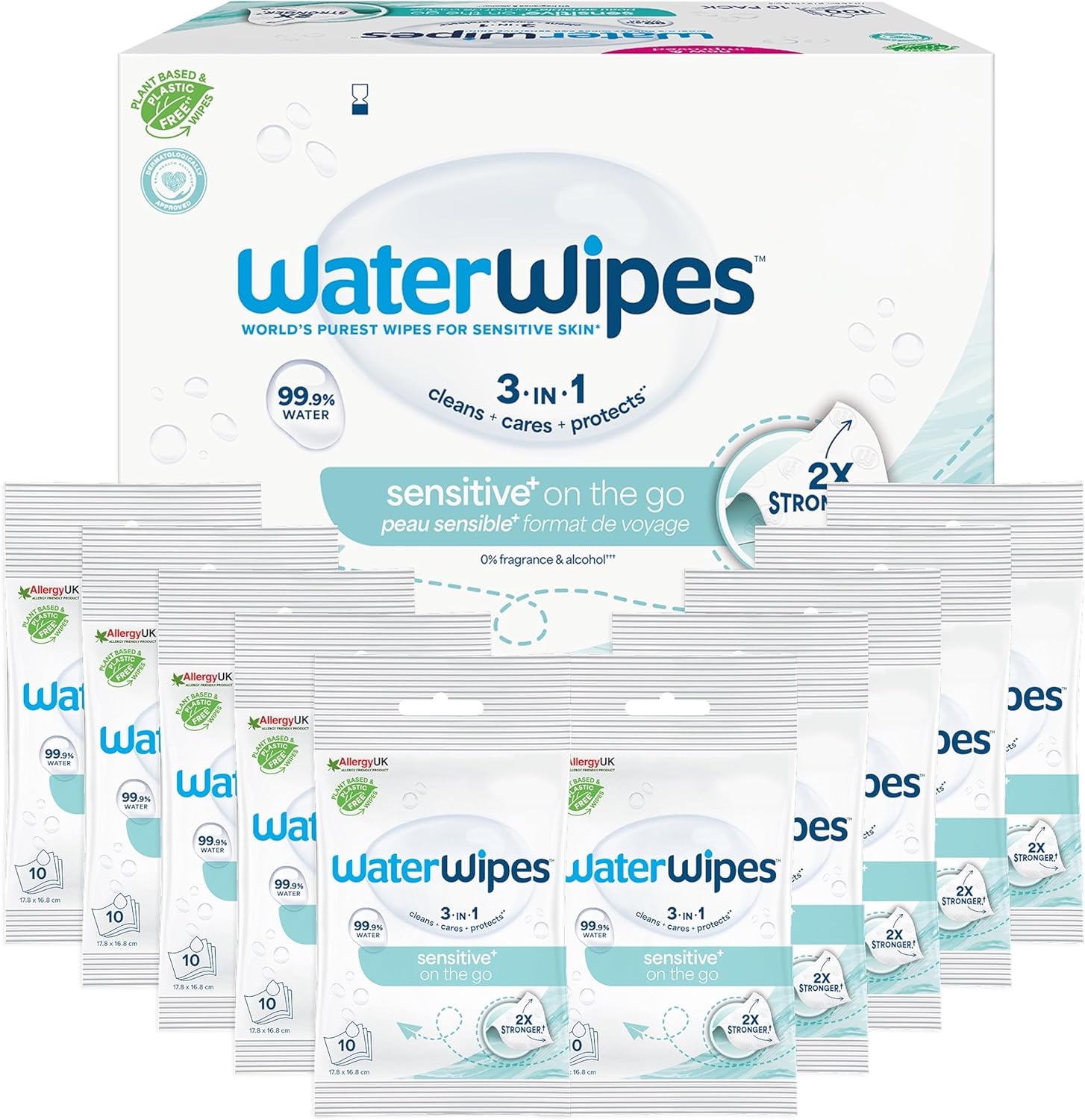 WaterWipes Sensitive+ On The Go Wipes, 100 Count (10 Packs), 3-In-1 Cleans, Cares, Protects, 99.9% Water, Unscented Wet Wipes