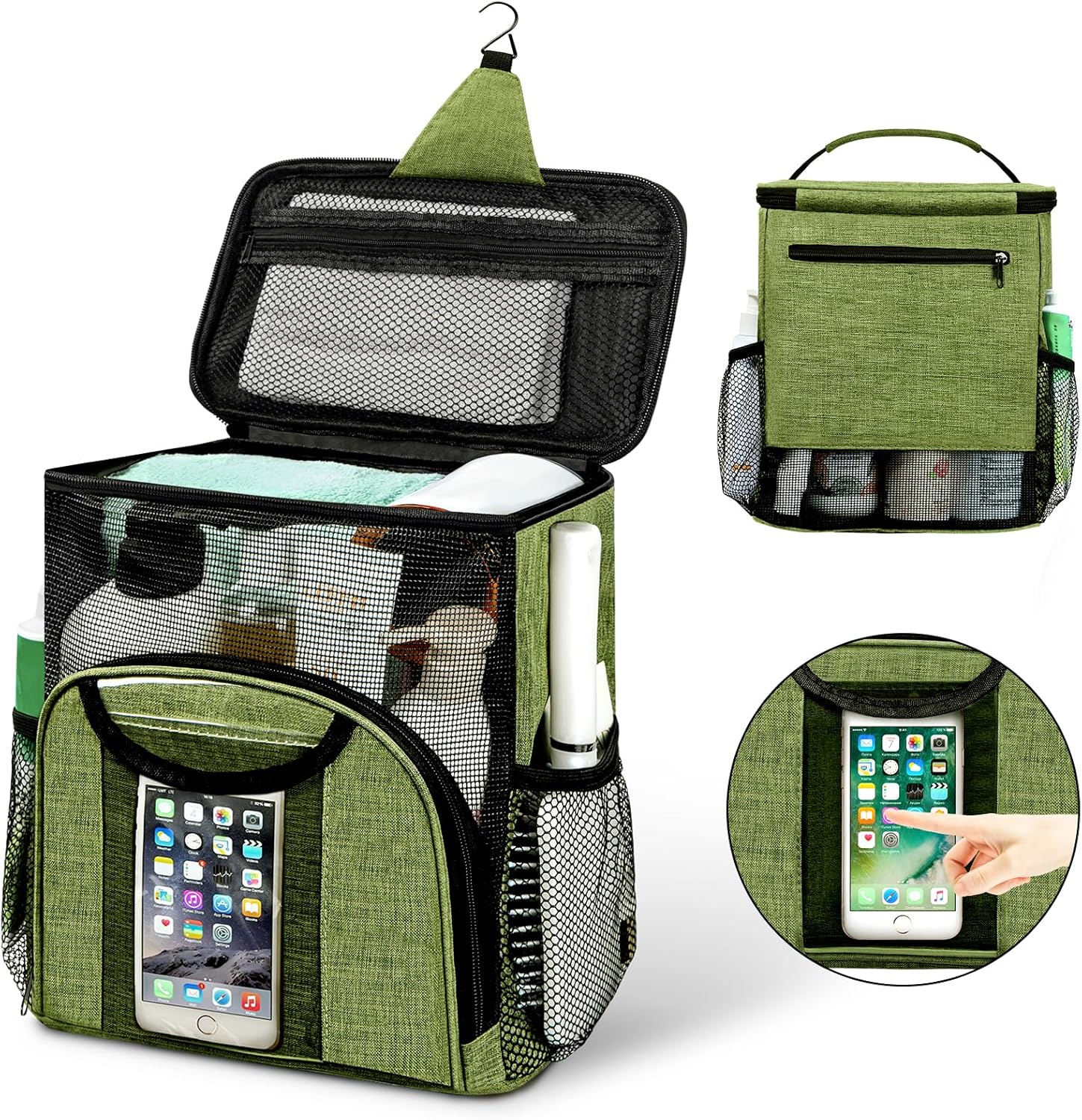 Attmu Portable Shower Caddy College Tote Bag, Quick Dry Hanging Toiletry Bag, Large Capacity Mesh Shower Caddy Portable for College Dorm Room Essentials for Boys and Girls for Bath Camping (Green)