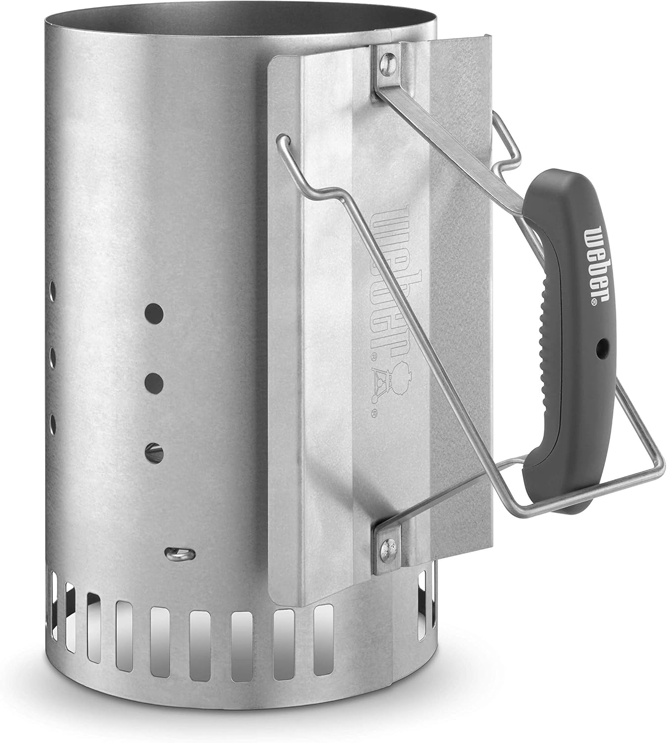 Weber Rapidfire Chimney Starter, Large Capacity (32cm Height), Dual Handles for Safe Pouring, Fast and Even Charcoal Ignition for BBQ Grills 47cm and Larger – Silver (7416)