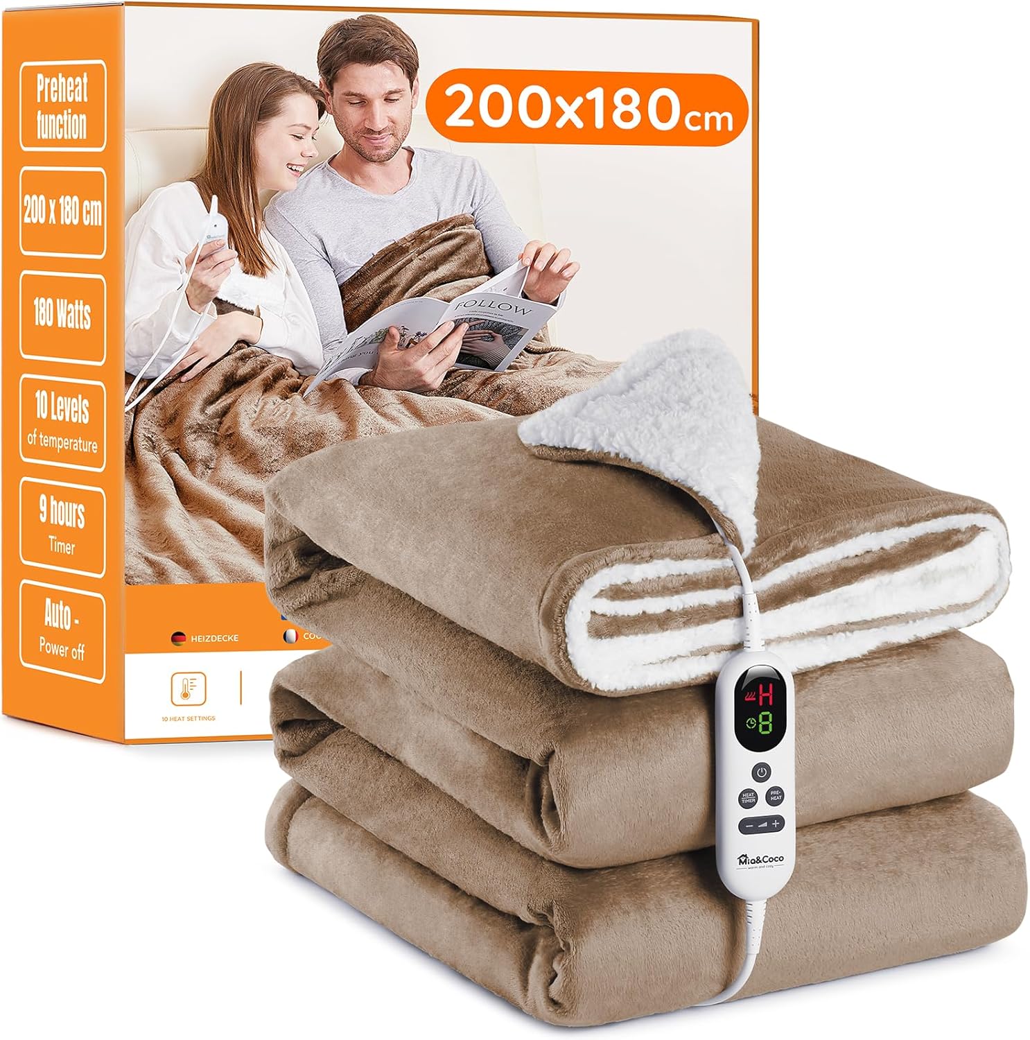 Mia&Coco Electric Heated Blanket Throw Flannel Sherpa Fast Heating 200x180cm, 10 Heat Levels & Up-to-9-Hours Auto-Off Timer & LED Display, for Home Office Use, Machine Washable, ETL Certified, Khaki