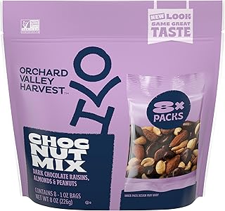 Orchard Valley Harvest Choc Nut Mix Multipack, 1 oz (Pack of 8), Dark Chocolate Raisins, Almonds & Peanuts, Gluten Free, Resealable Bag, Non-GMO, 4g Plant Based Protein Per Serving, On-The-Go Snack