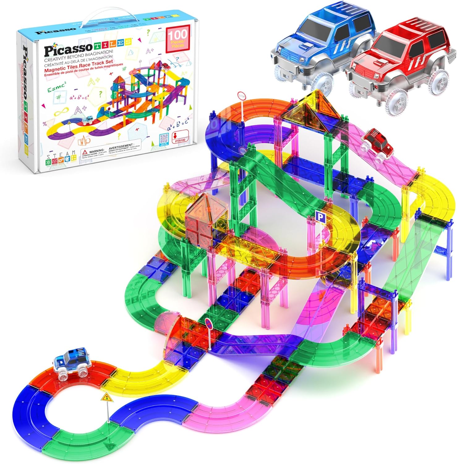 PicassoTiles 100pc Magnetic Tiles Race Track Building Set with LED Cars Adjustable Roads and Signs STEM Construction Toy Kit for Kids Educational Learning Toy for Boys and Girls Ages 3 and Up PTR100