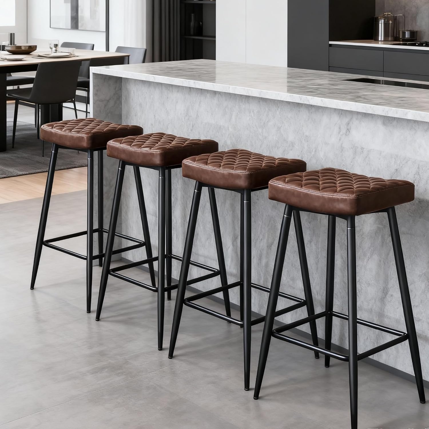 Set of 4 Faux Leather Bar Stools Bar Chairs Metal Legs Barstools with Footrest Breakfast Kitchen Counter Stools PU Brown