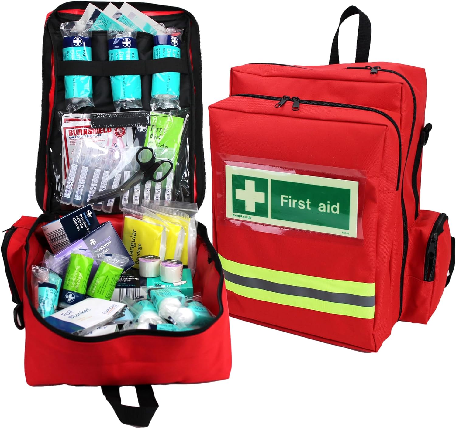 EVAQ8 First Response First Aid Kit in Red Rucksack British Standard Compliant UK Assembled