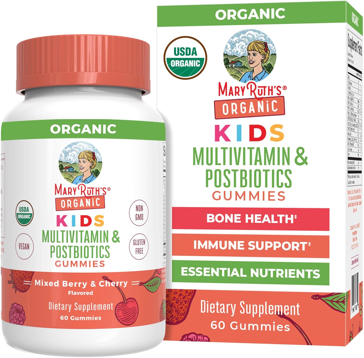 MaryRuth Organics Kids Vitamins | USDA Organic | Multivitamin Gummies + Postbiotics for Ages 4+ | Lactobacillus Rhamnosus | Vegan | Non-GMO | 60 Count