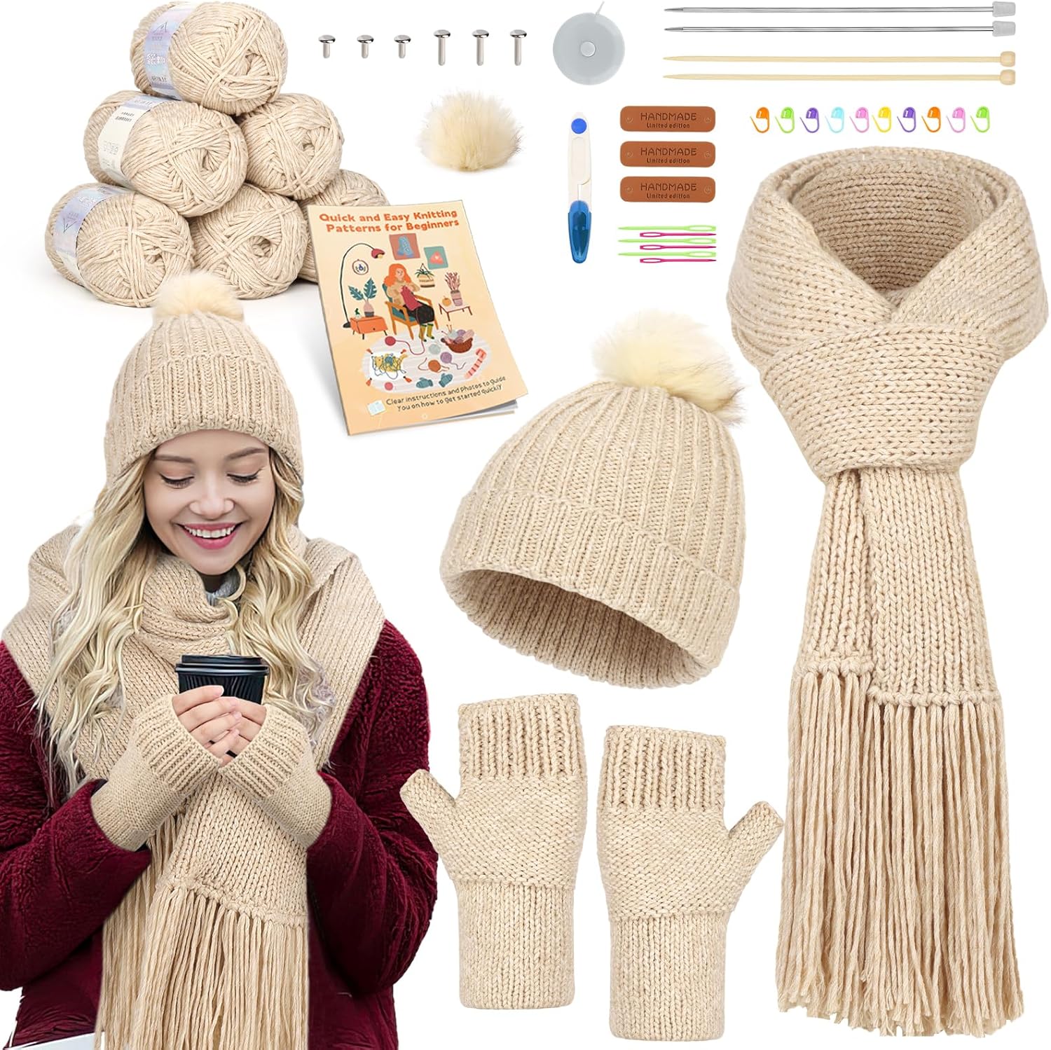 Katech Beginner Knitting Kit - Learn to Knit Kit for Adults & Kids - Complete Hat, Scarf, Gloves Starter Kit with Step-by-Step Instructions