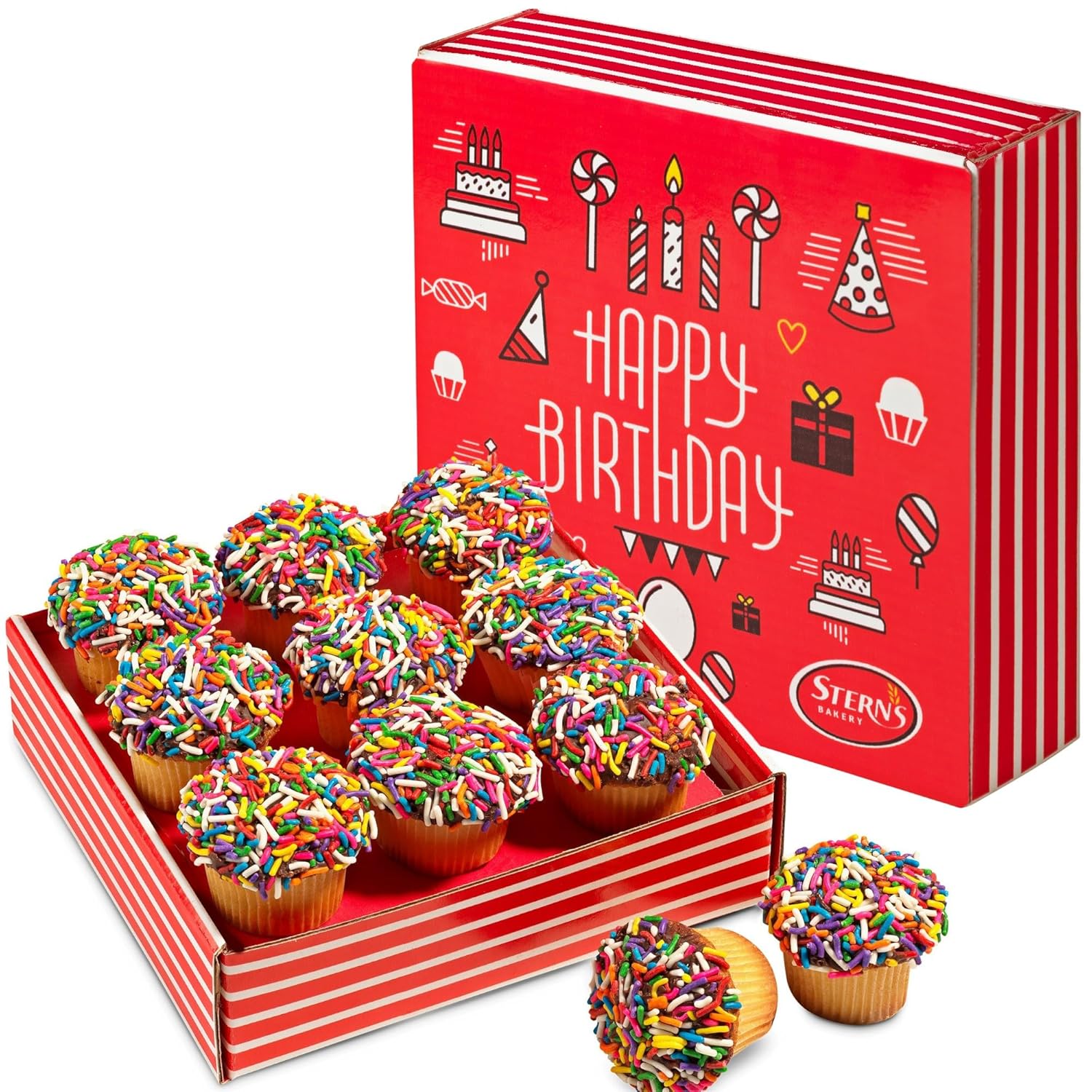 Birthday Gift Basket | Happy Birthday Cupcakes [9 Count] | Mini Rainbow Sprinkle Cupcakes Individually Wrapped | Birthday Treats for Kids, Men, Women| Kosher, Nut Free | Stern’s Bakery