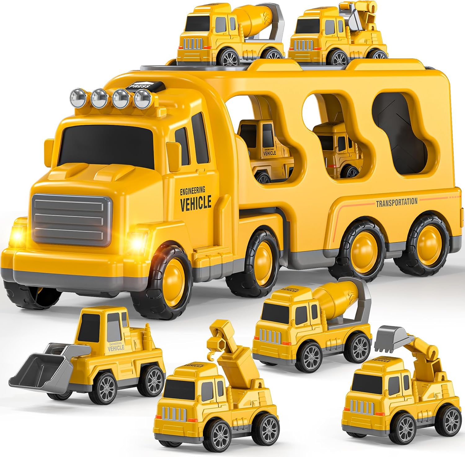 TEMI Construction Truck Toys for 3-7 Years Old Boys - Kids Friction Powered Car Toys for Toddler Ages 3-5, Carrier Play Vehicles Set with Sound and Light, Birthday Gifts for Toddlers 1-3