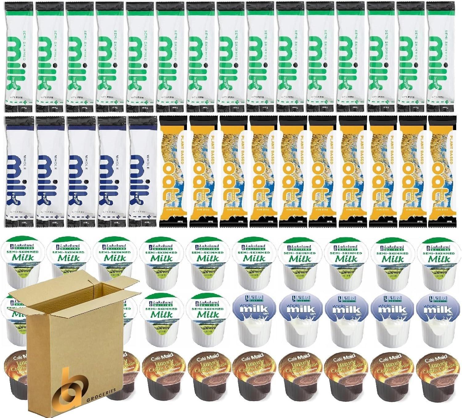 60pc UHT Milk, Oat Drink & Creamer Selection – Single-Serve Hotel Catering Set – Semi Skimmed, Whole Milk, Coffee Creamer, Vegan Oat Sachets – Sticks & Pots Lakeland