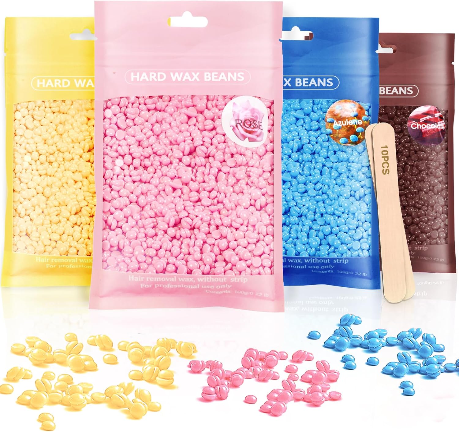 Hard Wax Beads, Hard Wax Beans 400g Hard Wax Hair Removal with 10 Pcs Wood Sticks - Painless at Home for Woman Men for Full Body Brazilian Bikini Face Legs Eyebrow