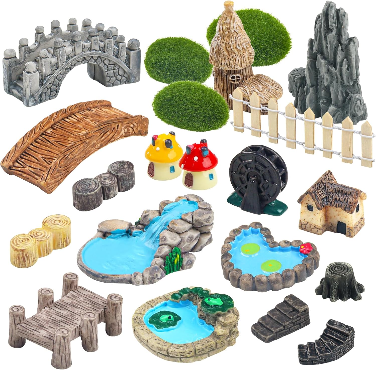 QUOZUO 21 Pcs Fairy Garden Miniatures Accessories Bridge House Landscape Water Well Fence Figurines Pond Mushroom Lawn Garden Ornament for DIY Craft Garden Succulent Decor