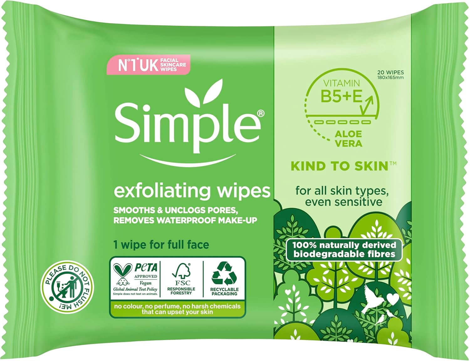 Simple biodegradable Exfoliating Face Wipes cleansing wipes to smooth skin and unclog pores for sensitive skin 20 wipes