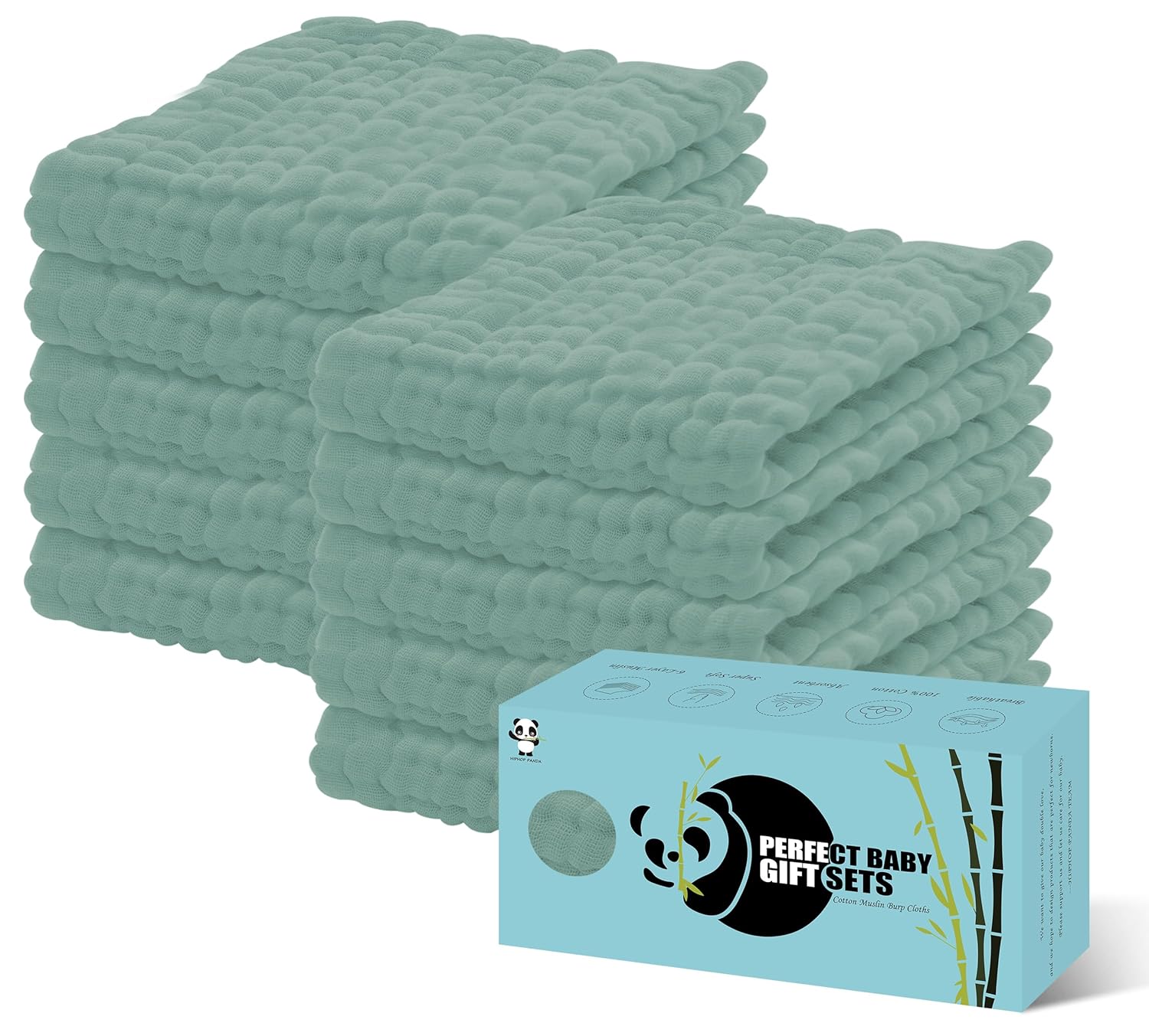 HIPHOP PANDA 10 Pack 6-Layers Muslin Burp Cloths Large - Durable 100% Cotton - Baby Essentials Extra Absorbent and Soft Boys & Girls Rags for Newborn Registry (Green, 20" X10")