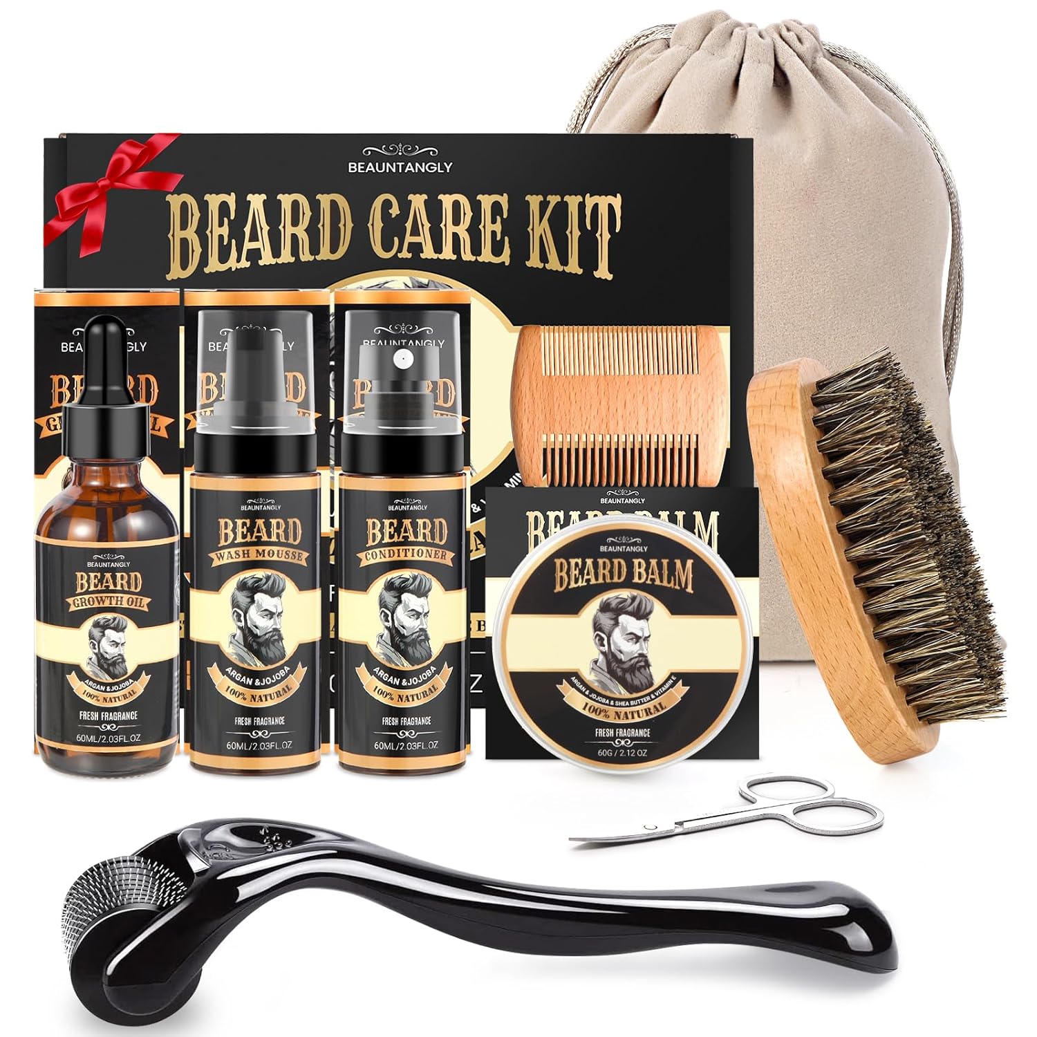 Beard Growth Kit, Grooming Set w/Growth Oil, Conditioner, Balm, Shampoo Wash, 0.25MM Roller, Brush, Comb, Scissor, Bag, Christmas Birthday Valentines Day Gifts for Him Men