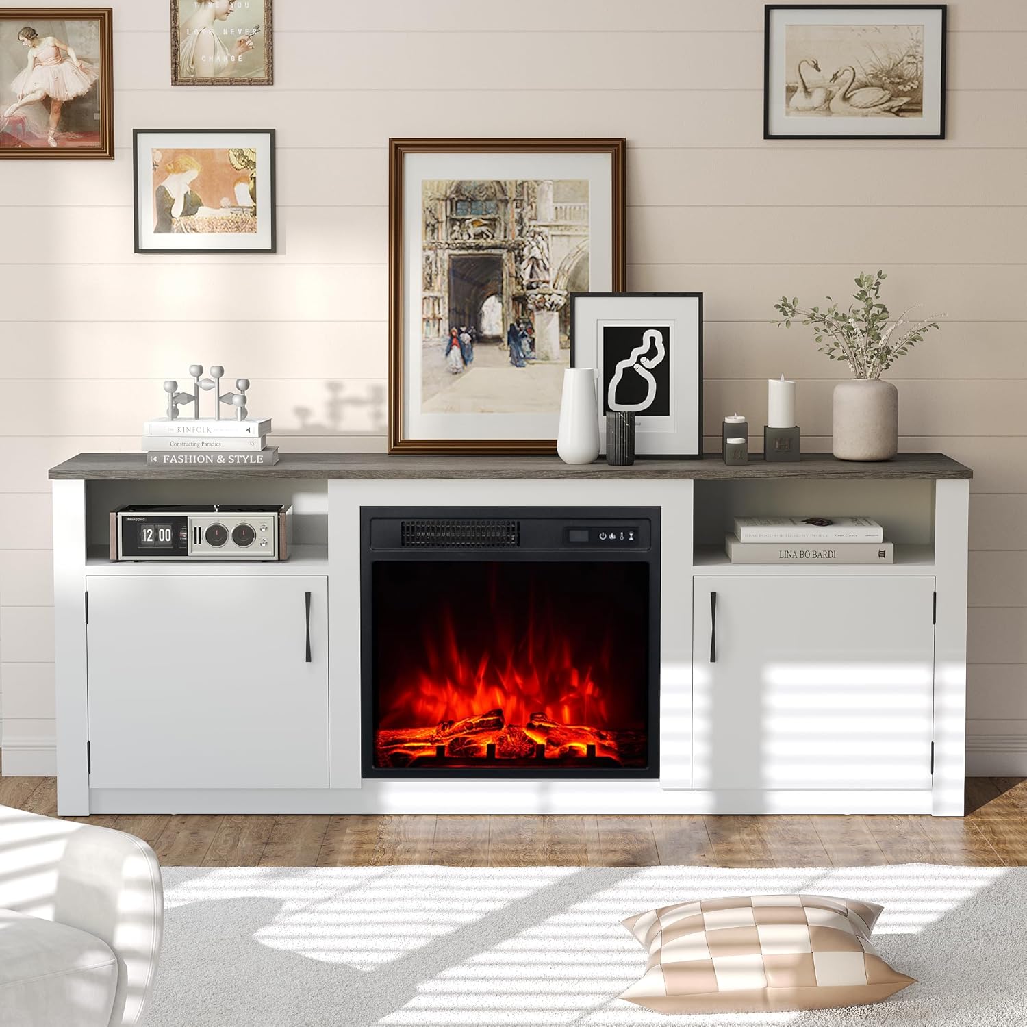 M.C.Haus 147cmW TV Stand 18" Electric Fireplace Modern Entertainment Centre with Realistic 3D Flame Effect, Overheat Protection & Remote Control, Wooden Console Table for Living Room