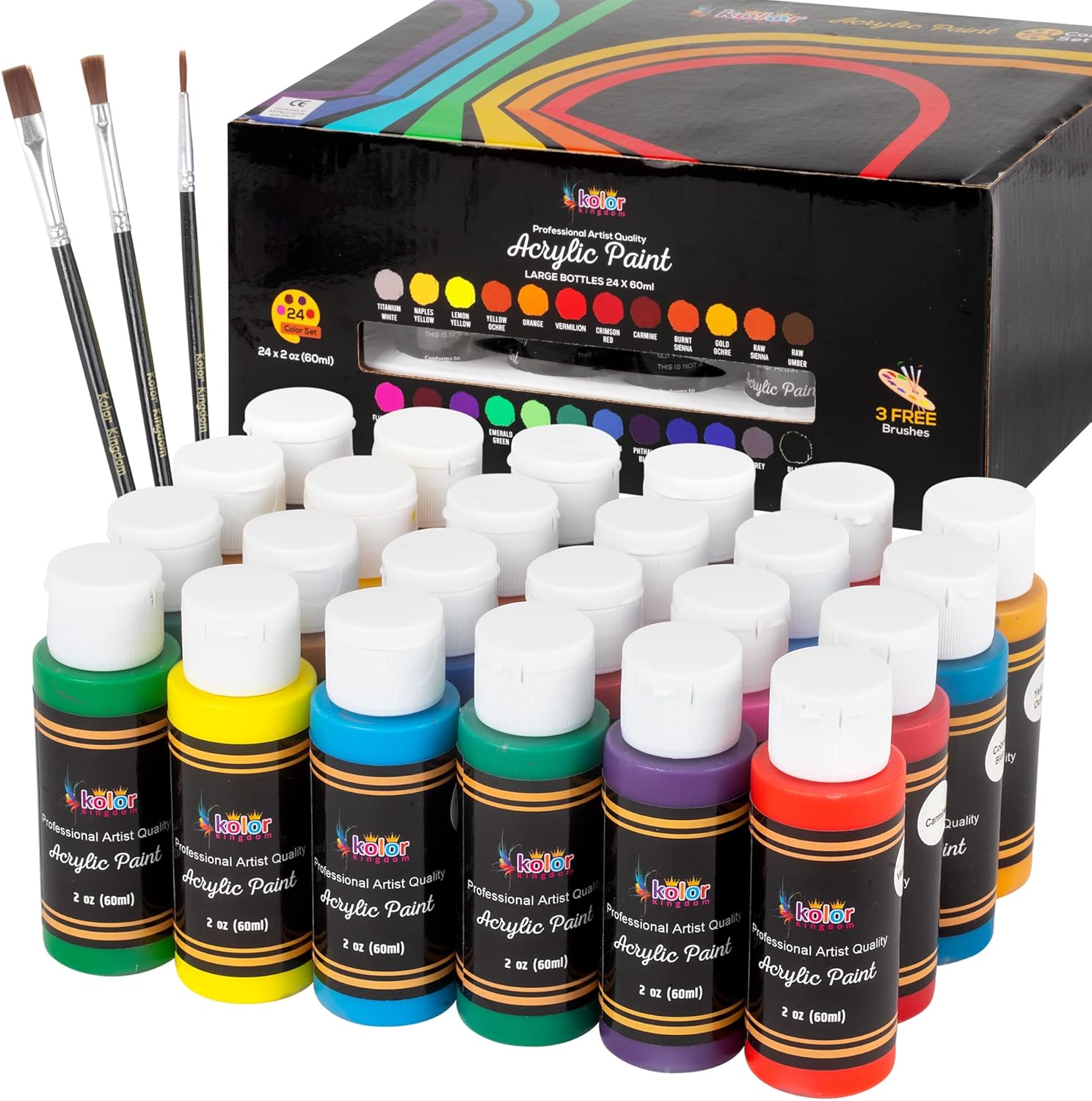 KOLOR KINGDOM Acrylic Paint Set 24 Colours Canvas Paints Kit with 3 Paint Brushes for Crafts,Kids Paints, Paper, Rock Painting, Wood,Ceramic & Fabric Vibrant Colors (24 x 60ML)