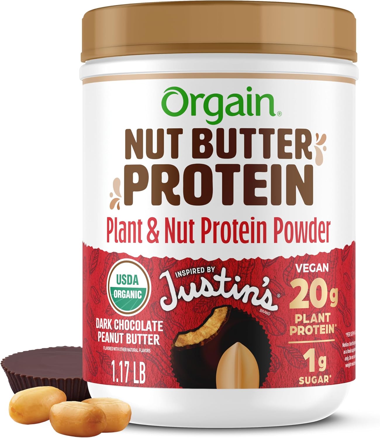 Orgain X Justin's ® Organic Vegan Nut Butter Protein Powder, Chocolate Peanut Butter- 20g Plant Protein, 1g Sugar, Gluten Free, No Dairy, Soy Ingredients, or Artificial Flavors, 1.17 lb