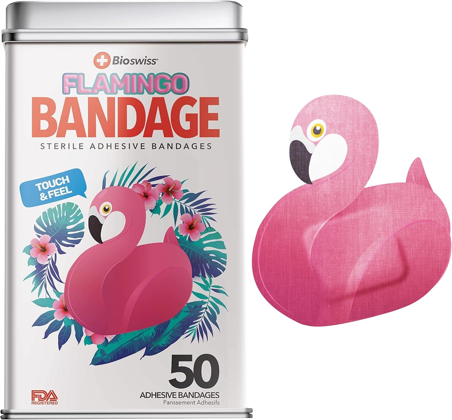 BioSwiss Bandages, Flamingo Shaped Self Adhesive Bandage, Latex Free Sterile Wound Care, 50 Count
