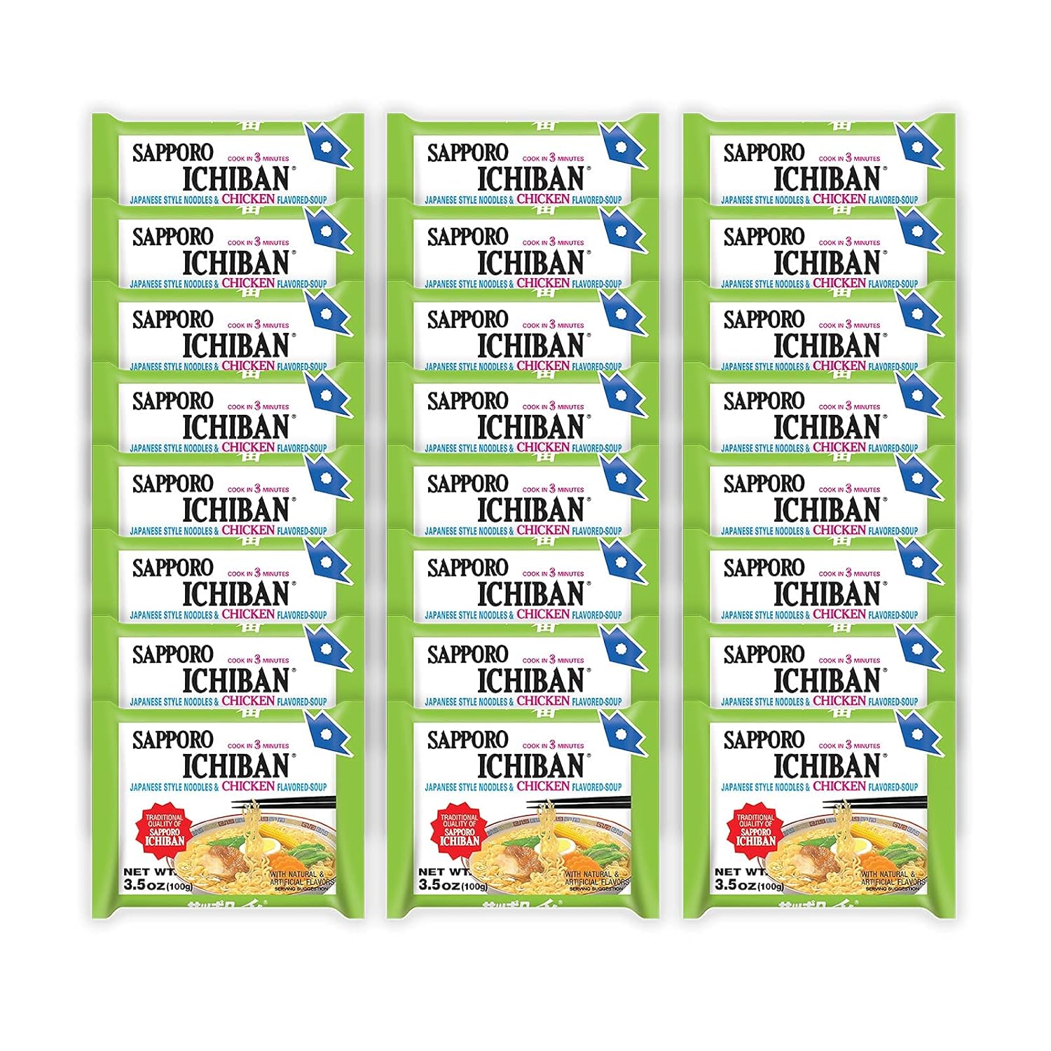 [SAPPORO ICHIBAN] Ramen Noodles, Chicken Flavor, No. 1 Tasting Japanese Instant Noodles (3.5 Oz./ 99.2 g) | 24 Pack