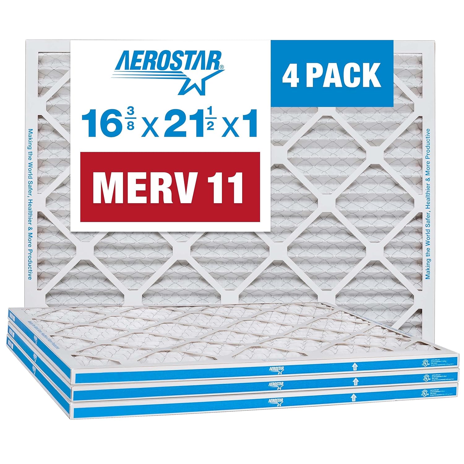 Aerostar 16.375x21.5x1 MERV 11 - 4 Count - Pleated HVAC, Furnace & Air Conditioner Filters - Removes Dust, Cold & Flu Germs, Lint, Mold, Pet Dander, Allergy-Causing Pollen, Smog & Smoke