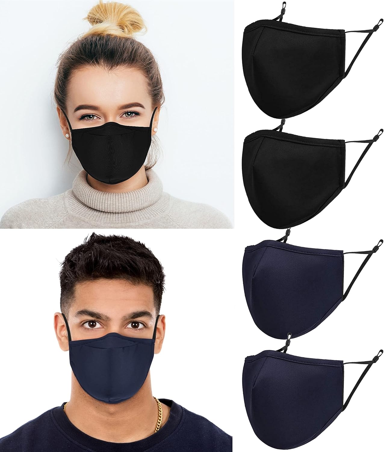 ecotru UK 4 Pack Reusable Cotton Face Masks, 2 Navy Blue, 2 Black Mask with Nose Wire for Glass Wearers, 3-Ply Washable & Breathable Fabric with Filter Pocket & Adjustable Loops