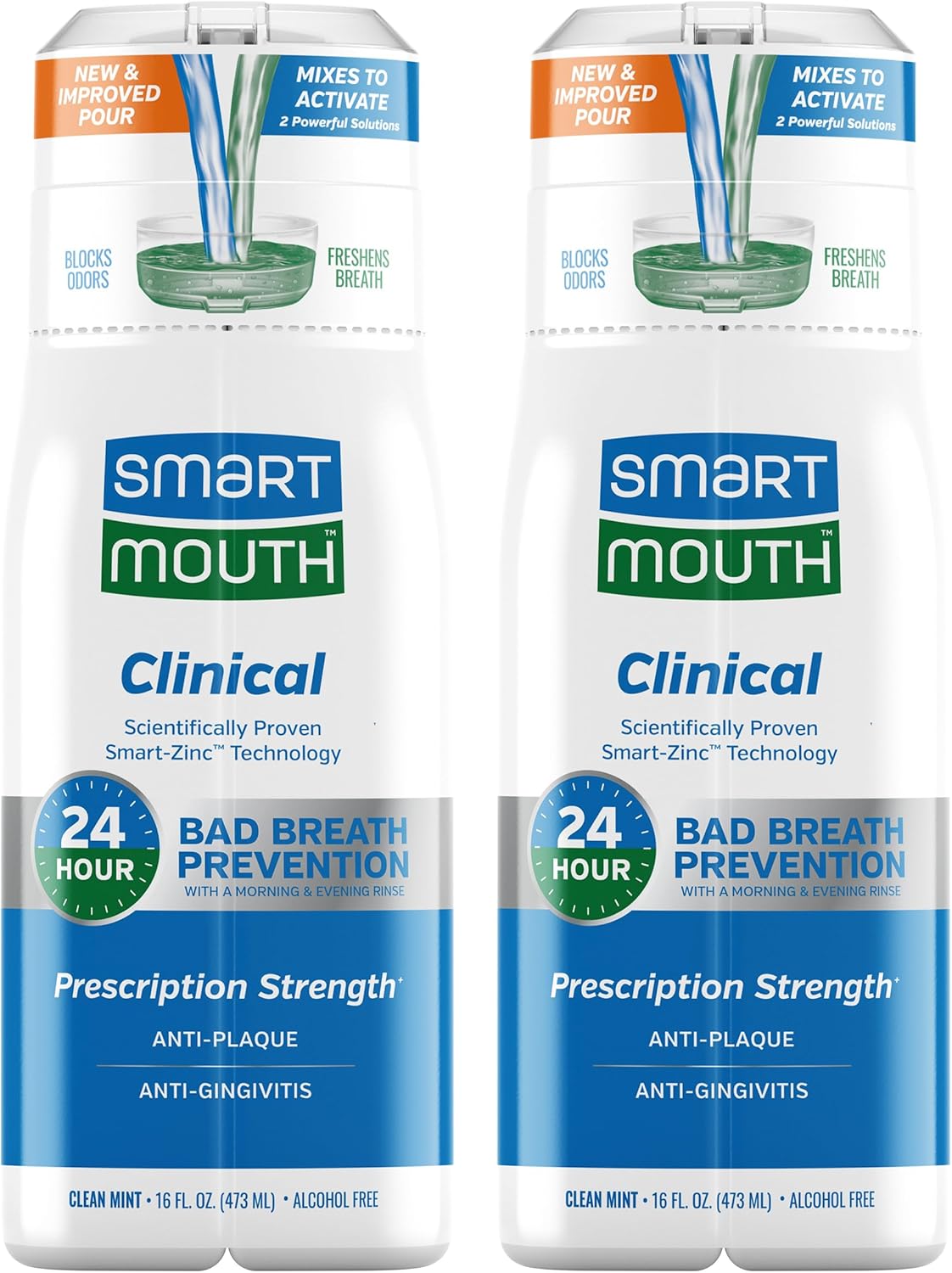 SmartMouth Clinical Zinc Activated Mouthwash - Anti-Plaque & Anti-Gingivitis for Healthy Gum Support - All-Day Fresh Breath - Alcohol-Free, Sugar-Free, & Gluten-Free - Clean Mint - 16 fl oz (2 Pack)