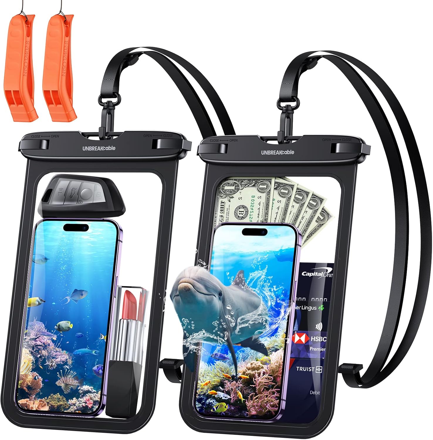 UNBREAKcable 9-Inch Waterproof Phone Pouch, IPX8 Dry Bag, Large Waterproof Phone Case for iPhone 15 Pro Max, 14 Pro, 13, 12, 11, XR, XS, Samsung S23, S22, etc.- 2 Pack with Emergency Whistles Black