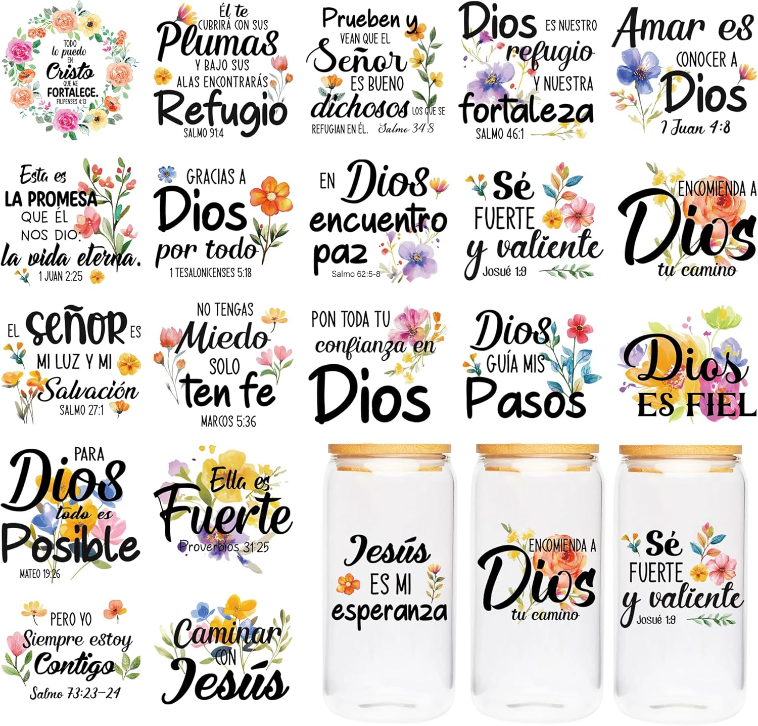UV DTF Cup Wraps Stickers - 20 Sheet Bible UV DTF Transfer Sticker, Spanish Bible Verse UVDTF Cup Wraps for 16 oz, Scripture Quotes Design, Creative DIY Crafts for Glass