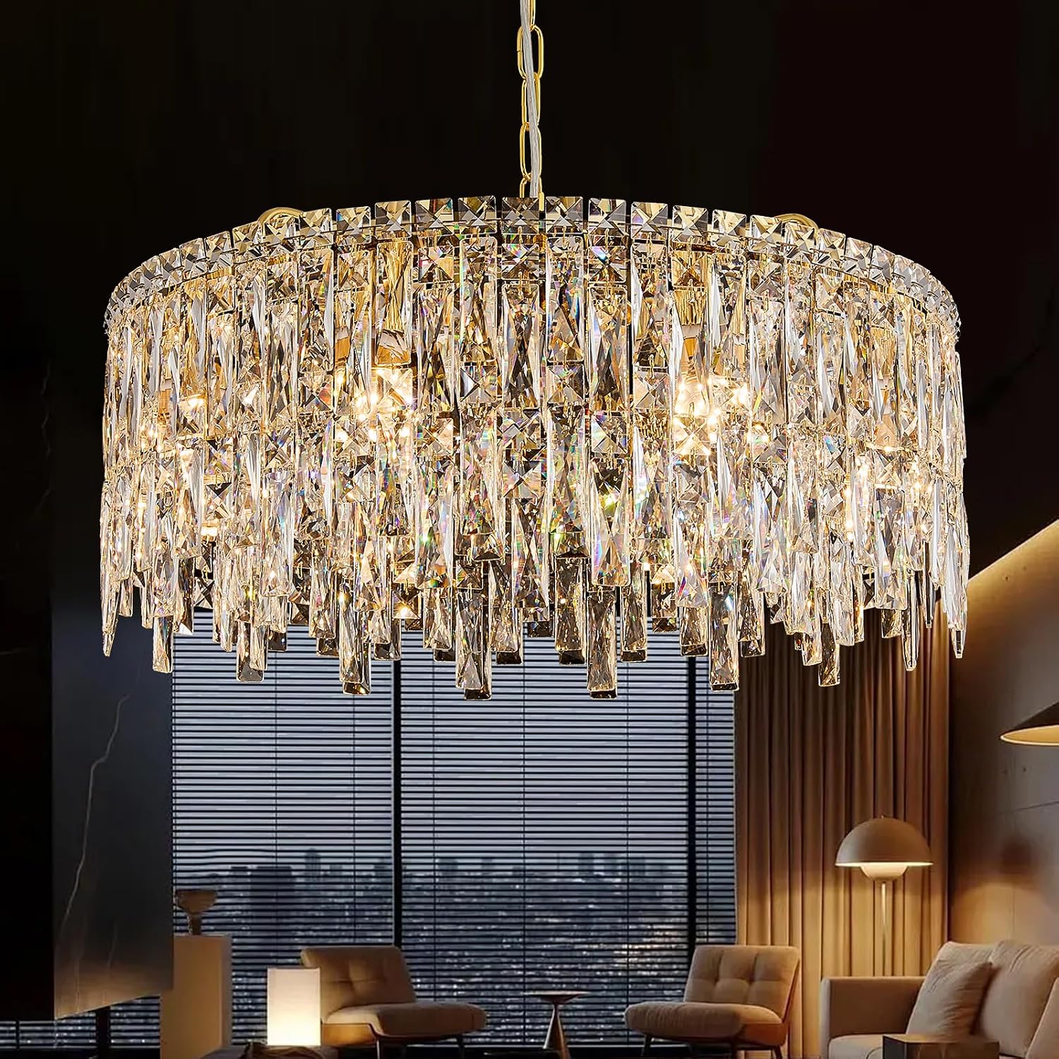 Luxury Gold Crystal Chandeliers 24"-2Tier Round Chandelier for Living Room 8 Light Large Lighting Fixture for Dining Room Foyer