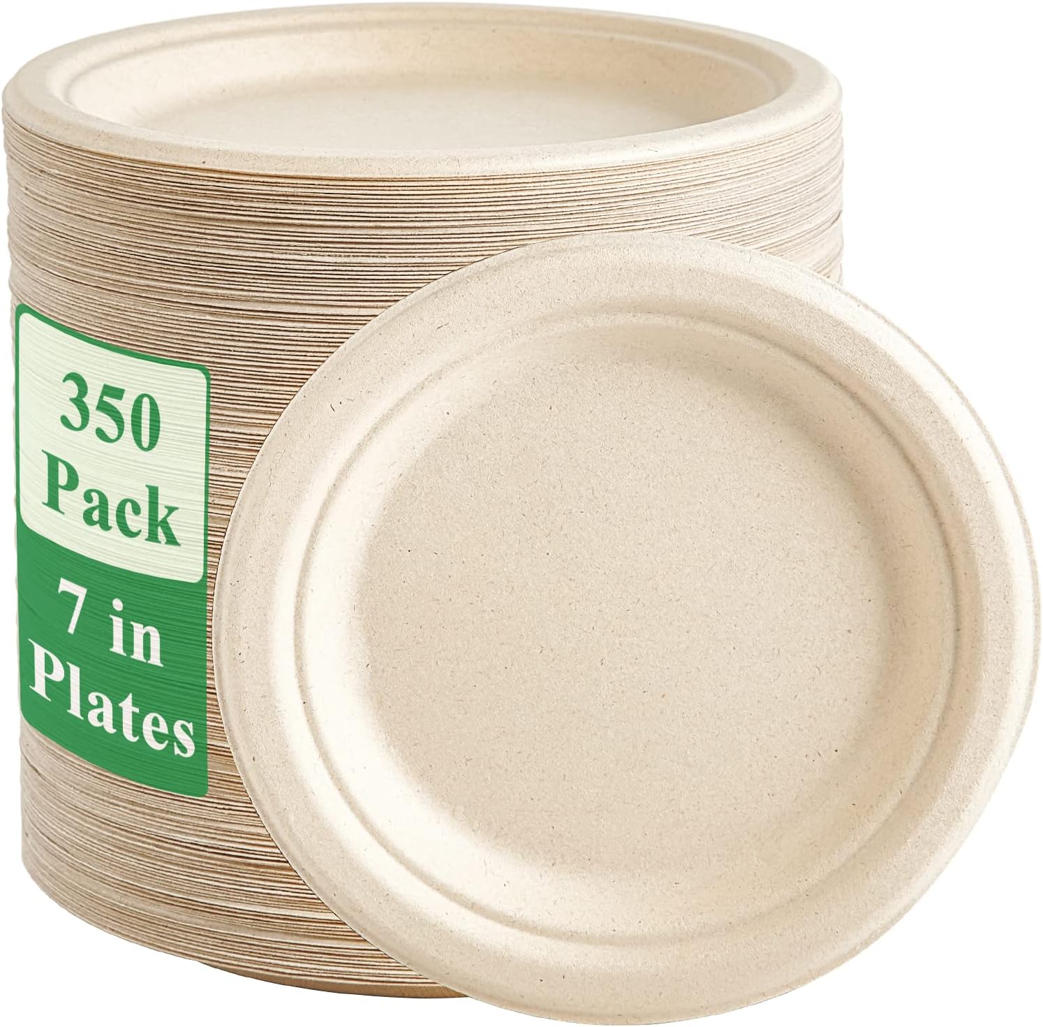 Vplus 350 Pack Paper Plates 7 inch 100% Compostable Plates Heavy-Duty Disposable Paper Plates Bagasse Natural Biodegradable Eco-Friendly Sugarcane Plates
