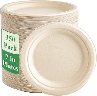 Vplus 350 Pack Paper Plates 7 inch 100% Compostable Plates Heavy-Duty Disposable Paper Plates Bagasse Natural Biodegradable Eco-Friendly Sugarcane Plates