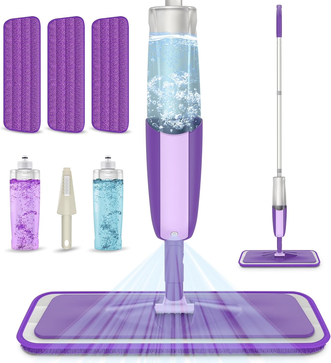 MEXERRIS Microfibre Spray Mop for Floor Cleaning - Wet Dry Kitchen Floor Cleaning with 2 Refillable Bottles, 360° Rotatable Hardwood Mop for Laminate Wood Tiles, 3 Reusable Pads and 1 Scrubber