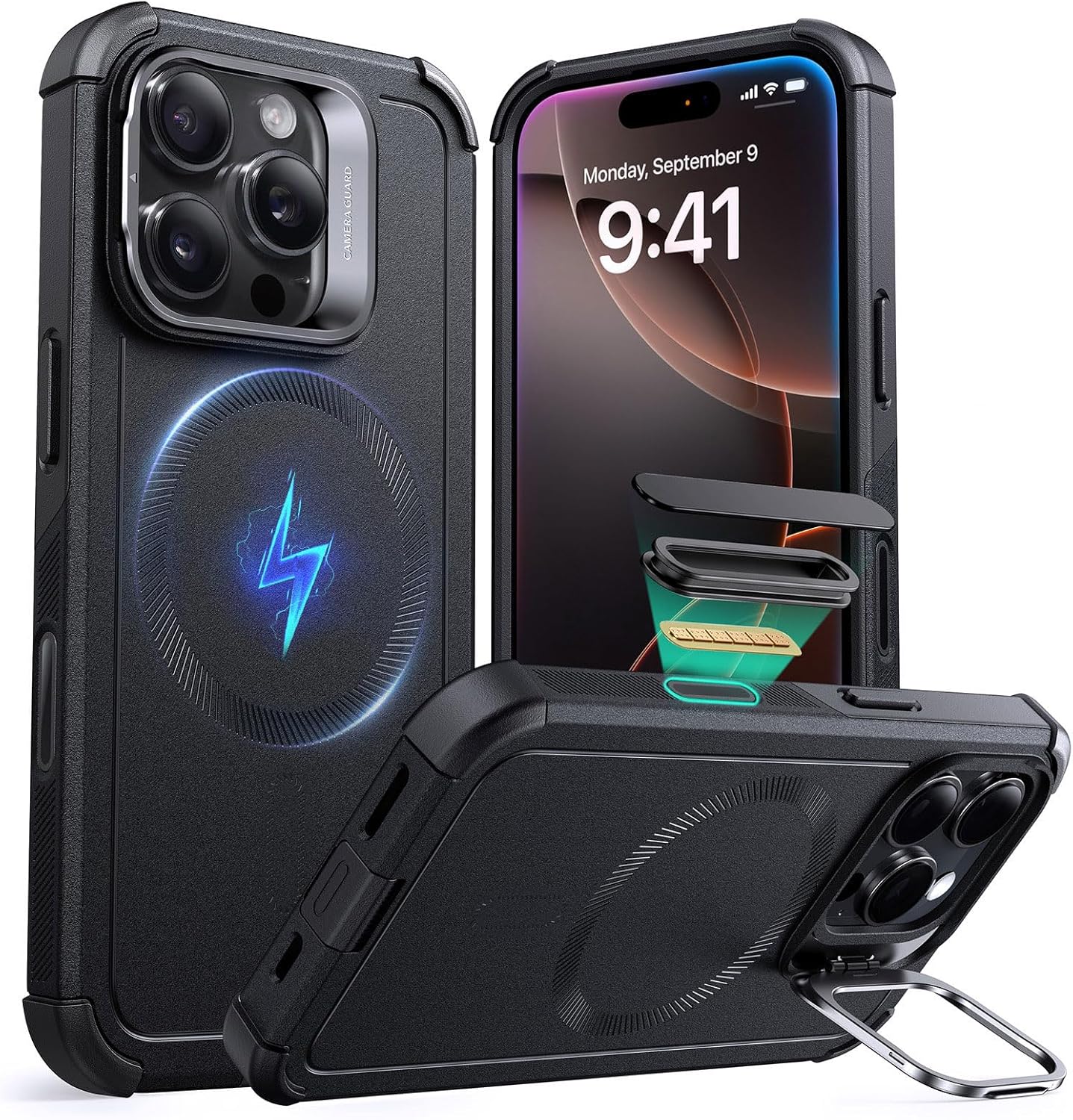 ESR for iPhone 16 Pro Max Case with Stash Stand, Camera Control, 23FT Military-Grade Shock-Absorbing Drop Protection, Compatible with MagSafe Accessories, Magnetic Cyber Series, Black