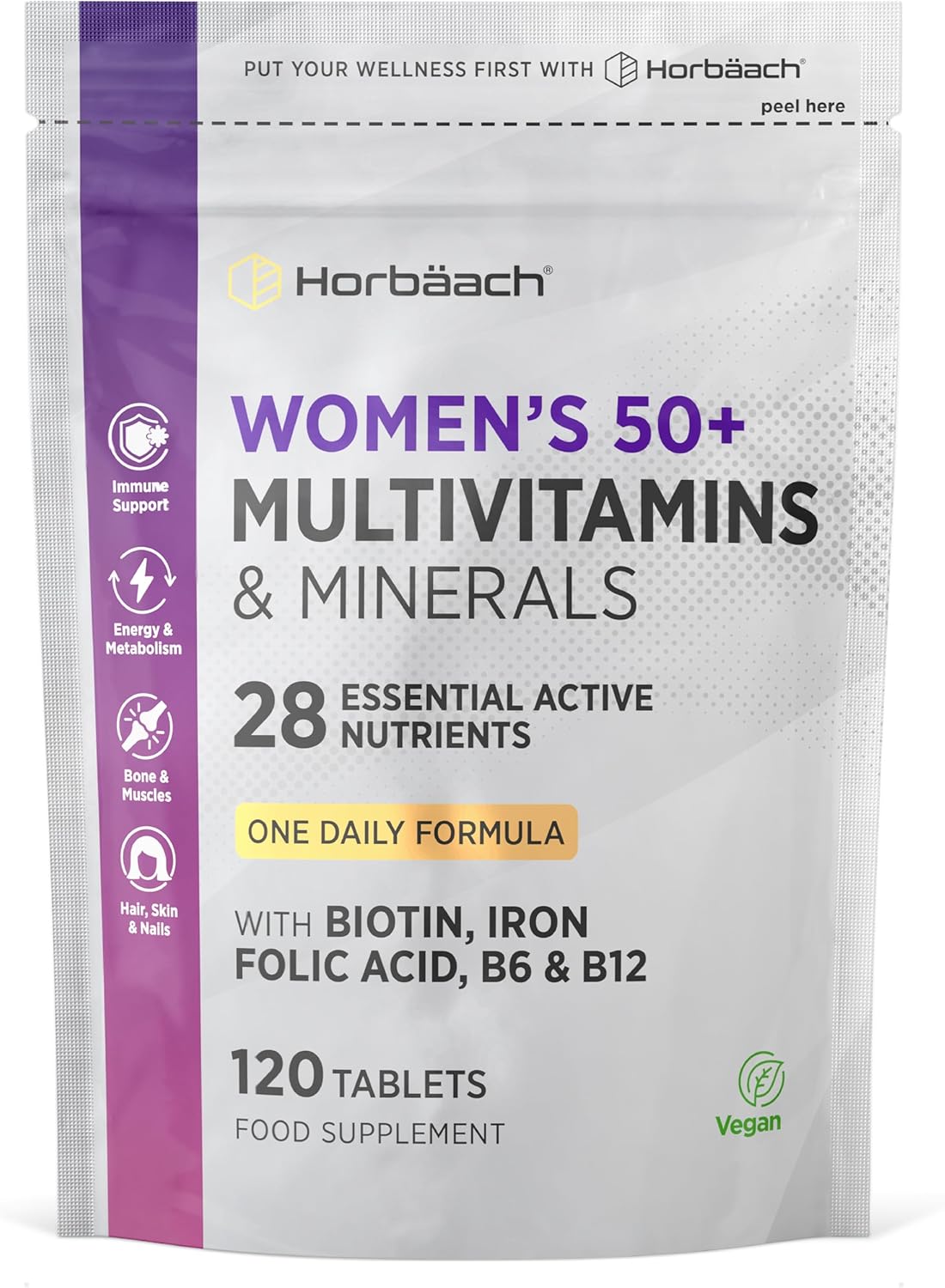 Women's Multivitamins 50 Plus | 28 Essential Nutrients Including Biotin, Iron, Folic Acid and Vitamin C for Normal Collagen Formation | One Daily Formula | 120 Vegan Tablets | by Horbaach