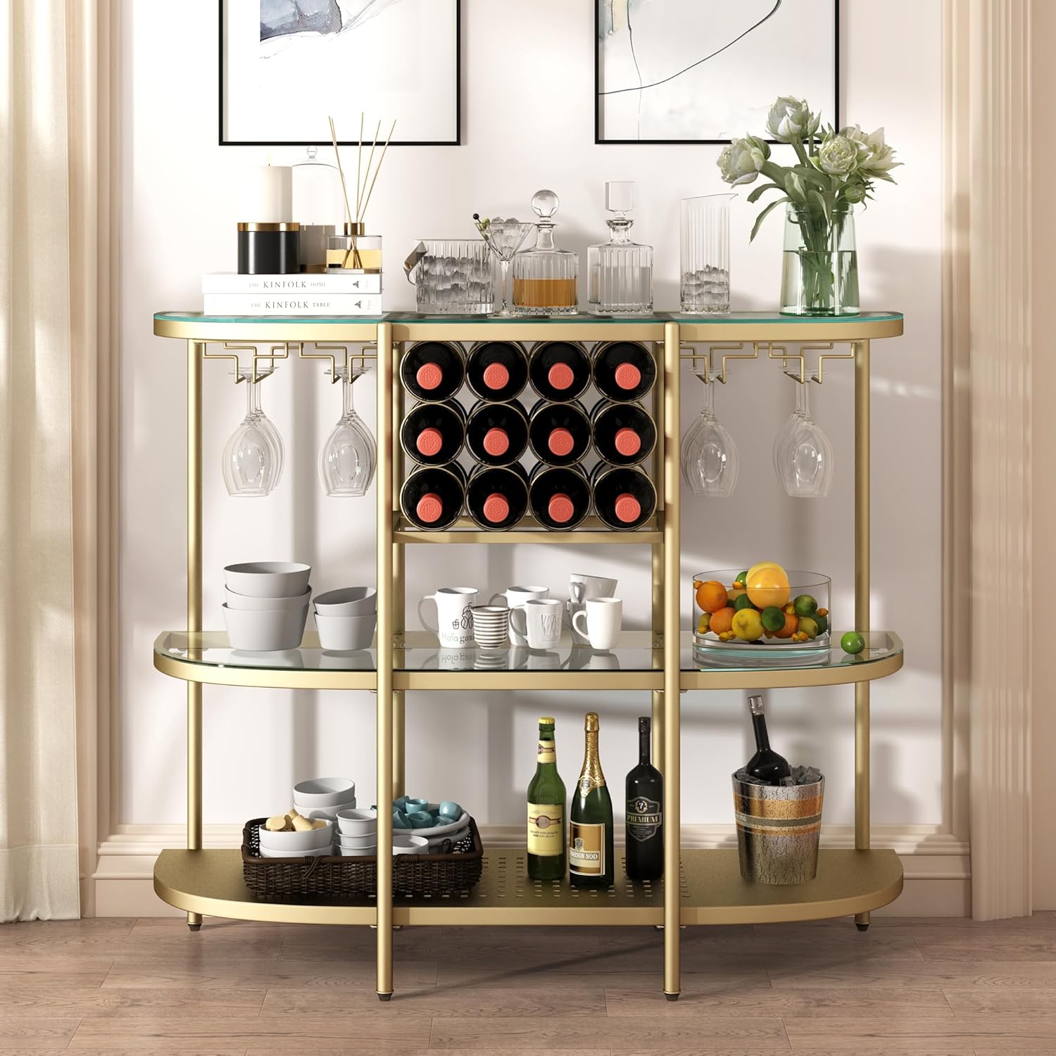 O&K FURNITURE Home Bar Table with Wine Racks, 3 Tier Wine Bar Table with Glass Holders, Wine Cabinet with Open Shelf, Liquor Bar Coffee Bar Table for Living Room Kitchen, Gold