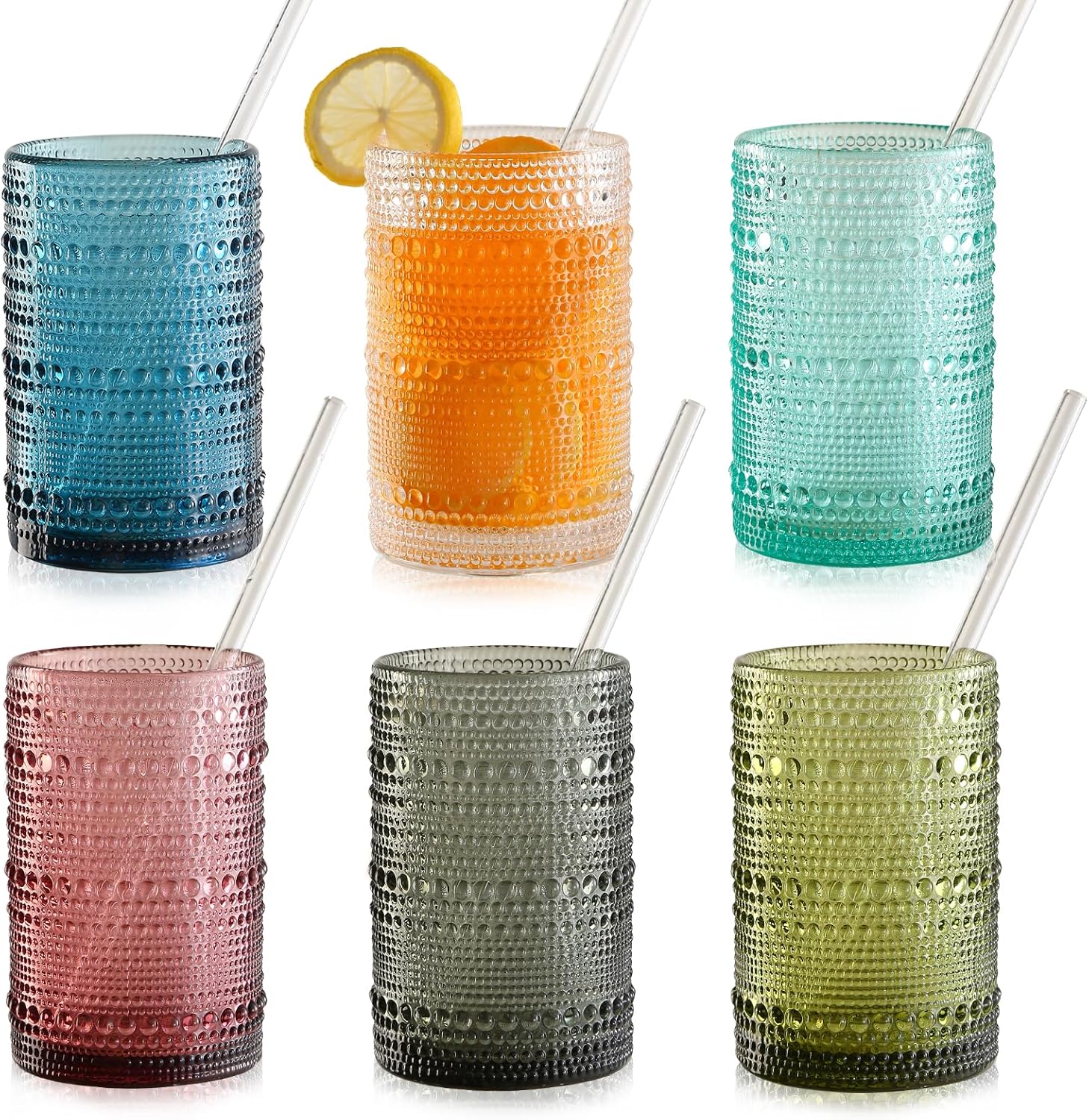 15oz Colored Hobnail Drinking Glasses Set of 6,Vintage Kitchen Glassware,Embossed Beaded Glass Cups,Water Tumbler for Cocktail,Juice and Various Mixed Drinks