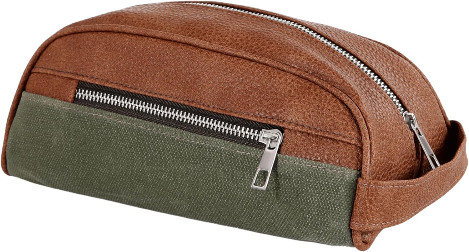 QutBag Travel Compact Handbag - Handmade Rustic Waxed Canvas Toiletry Bag for Men and Women (Emerald), Beige