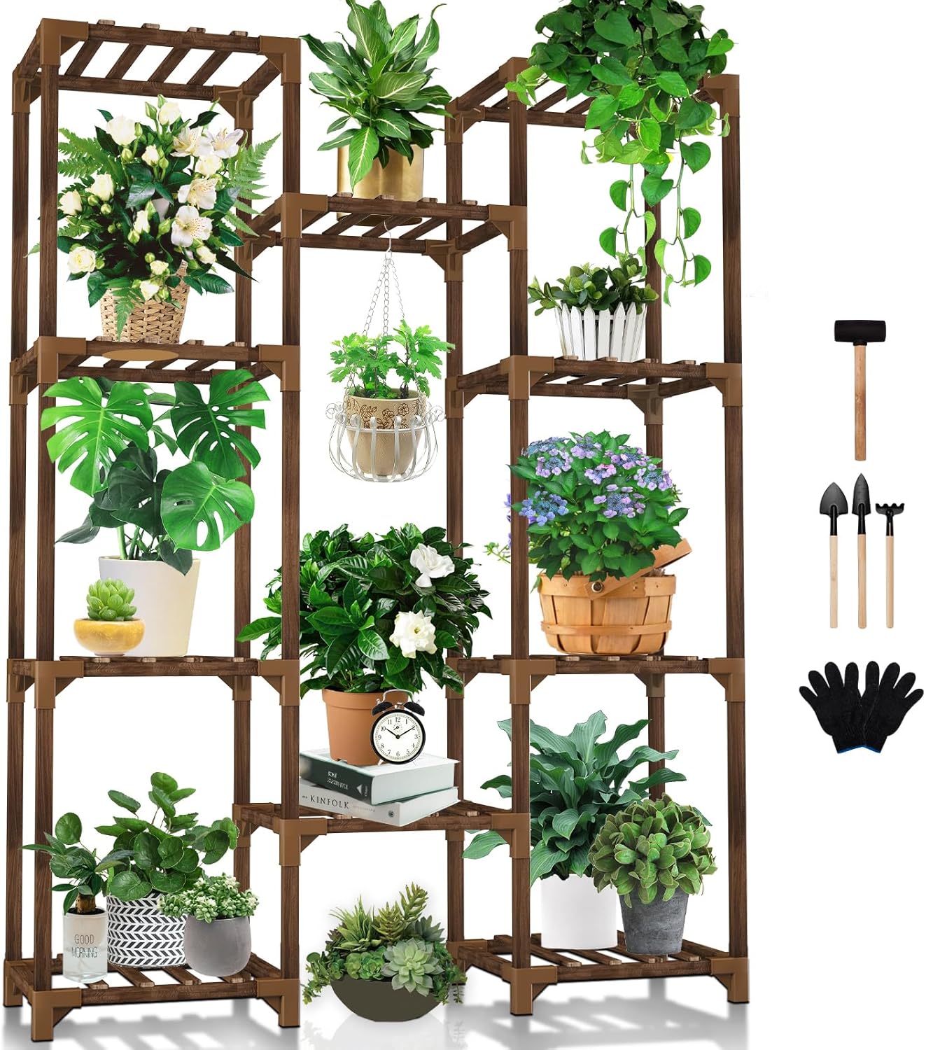 Uneedem Tall Shelf Stand Indoor Outdoor for Multiple Plants, 10 tiers 11 Pot Wood Plant Holder Rack for Room Corner Balcony Garden Patio Brown Large
