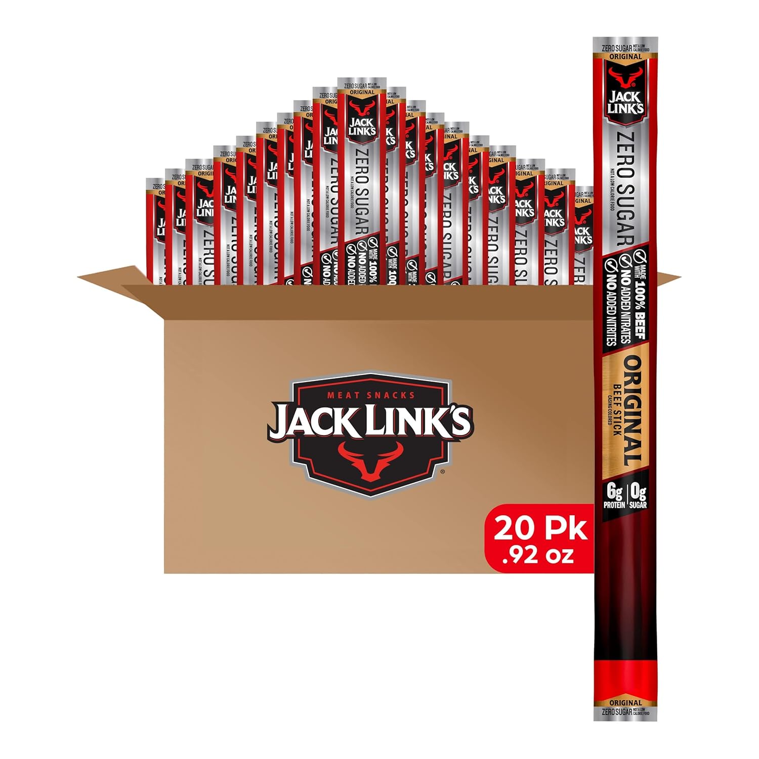 Jack Link's Beef Sticks, Original Zero Sugar - Protein Meat Snack, 5g of Protein, Meat Snack Sticks Made with 100% Beef, Keto, Paleo, Great Stocking Stuffers, Individually Wrapped - 0.92 Oz. (20 Count)