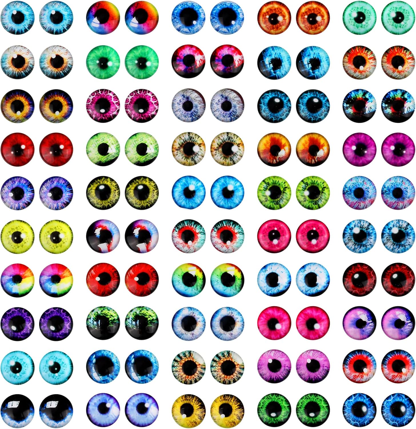 MWOOT 100 Pcs 12MM Dragon Eyes Doll Eyes Kit, Colorful Glass Cabochon Eyes for Crafts, 50 Style Cat Owl Bird Human Pupil Eyes for Doll Art Jewelry Making DIY Crafts Halloween Christmas Decoration