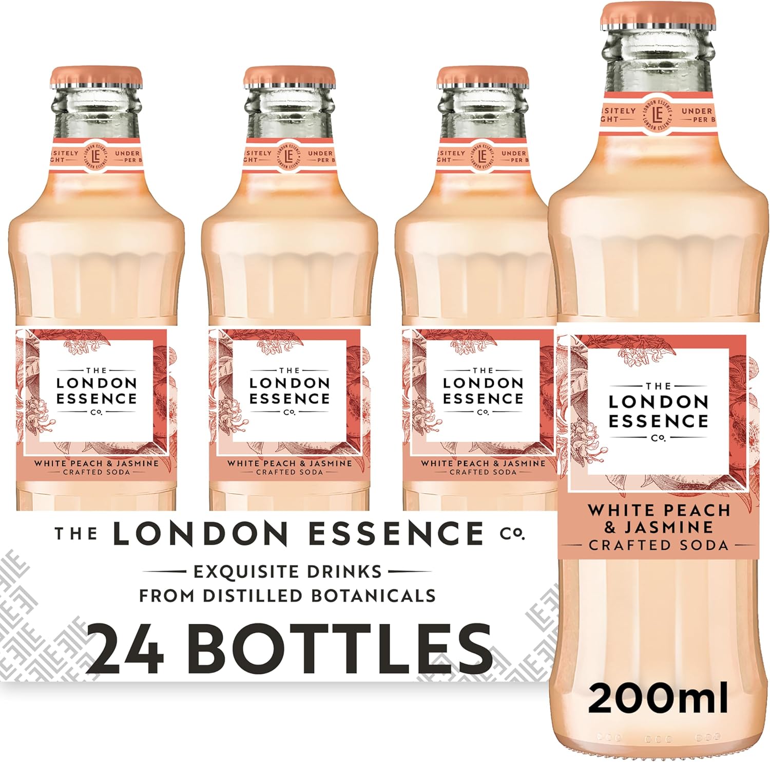 The London Essence Co. White Peach & Jasmine Soda, Premium Cocktail Mixer, 200ml, Pack of 24 bottles, No Artificial Colours Preservatives or flavours, Low Calorie